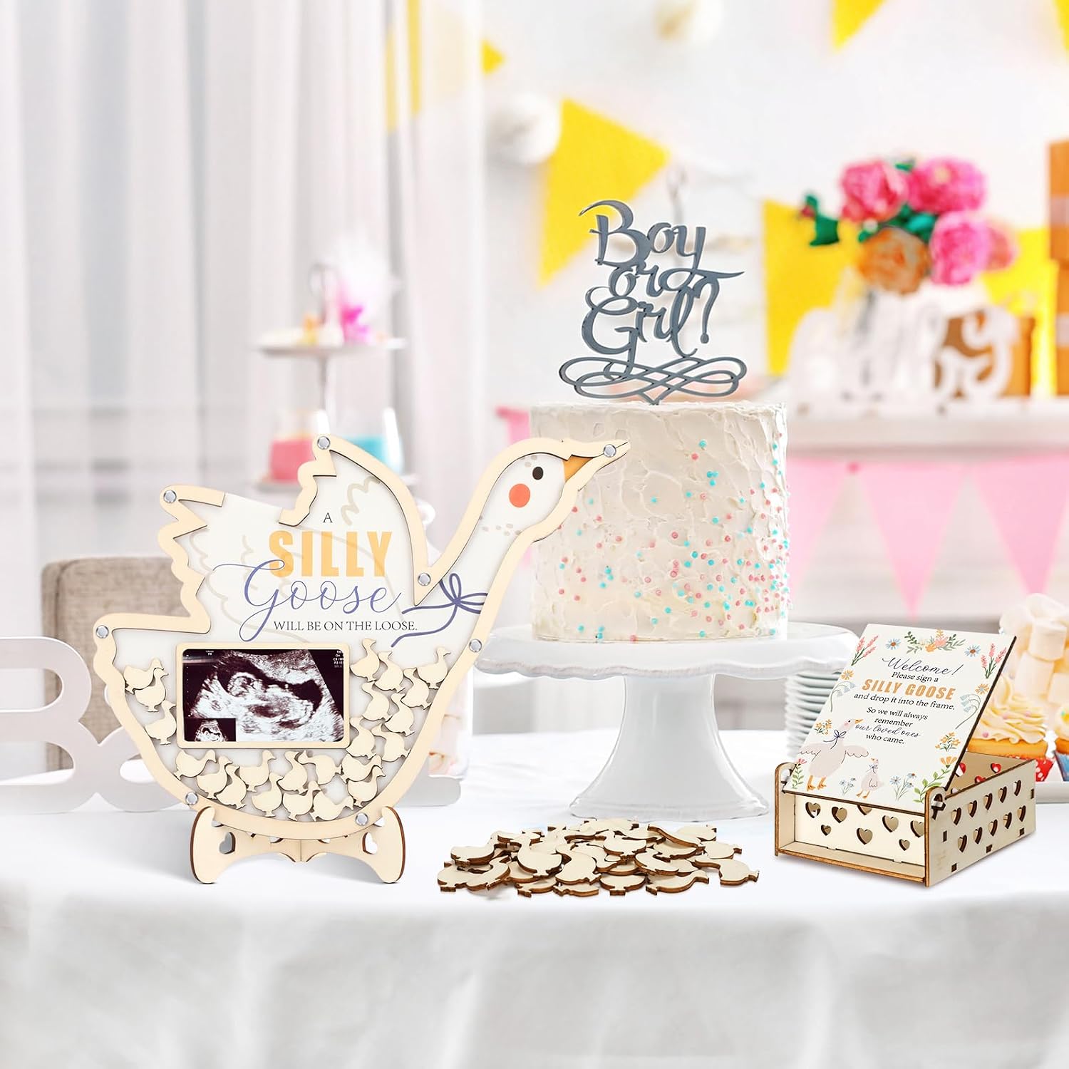 Chunful 64 Pcs Goose Baby Shower Guest Book Alternative a Silly Goose Will Be on the Loose Christmas Decorations for Boys Girls, Wooden Frame Guest Book with Stand, Pen, Box Baby Keepsake for Wedding