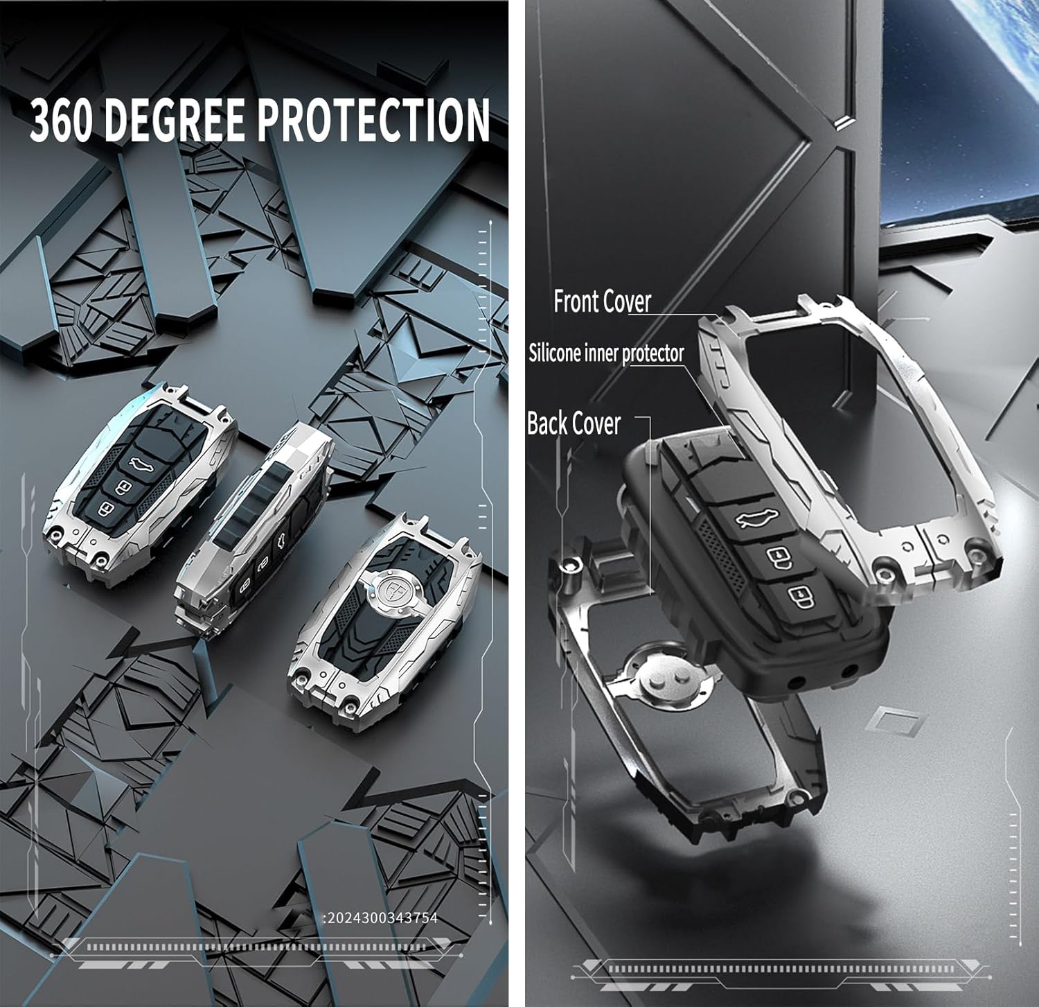 Heavy Key Fob Cover Case Protector, Zinc Alloy + Silicon, Suitable for SUV, Pickup Truck, Passenger Car, Mech style-035, Silvery
