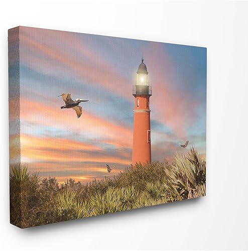 Stupell Industries Faro de entrada de ponce rojo brillante con dunas densas de hierba al atardecer, lienzo para pared, 16 x 20, multicolor