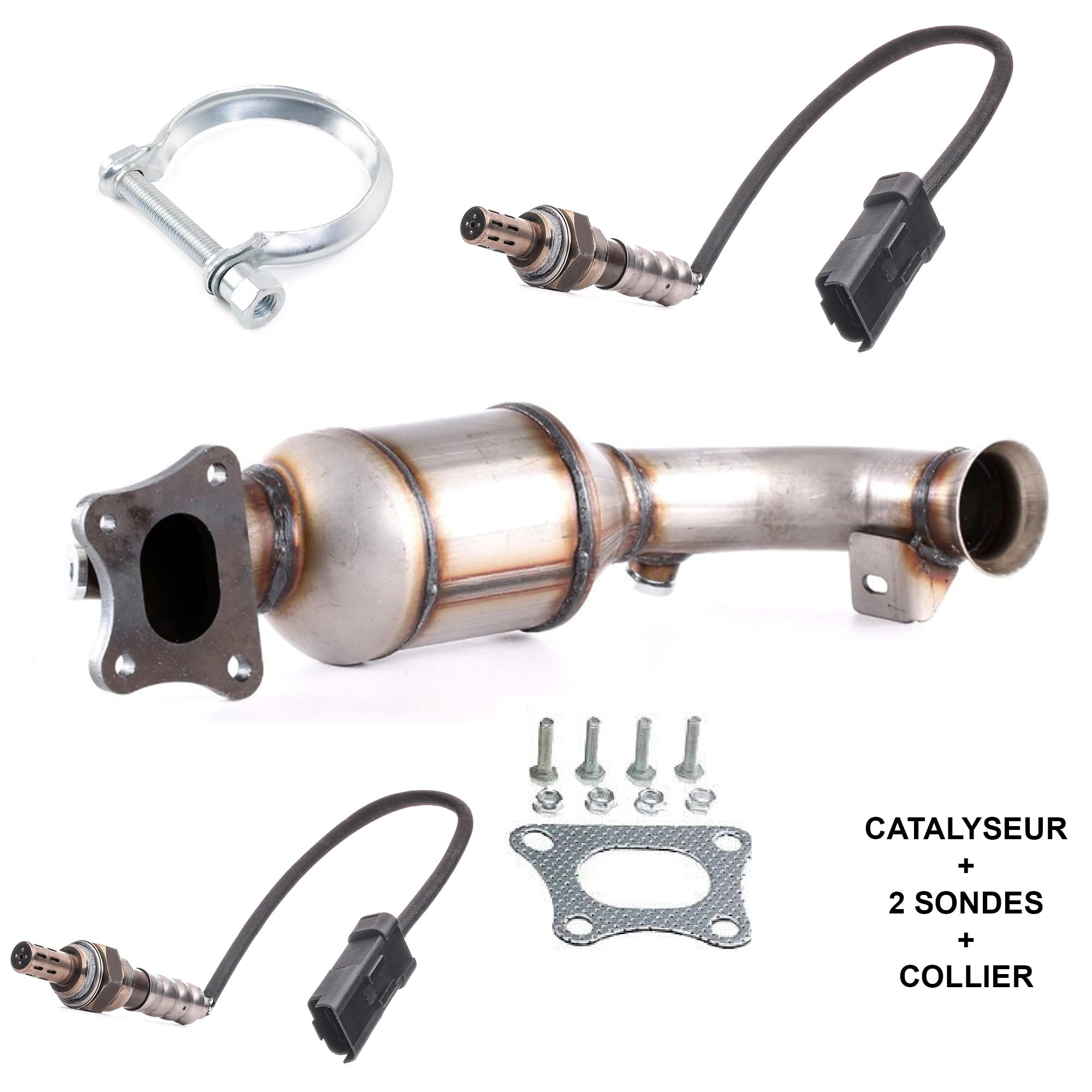Partsline Kit Catalyseur AVEC 2 Sondes ET Collier d'Échappement compatible avec C1 II, C3 II, C4 Cactus, C-Elysée, DS3, 108, 2008, 208, 301, 308 II, Aygo 1.0 1.2 VTi - 9672883980 3649378 3639472