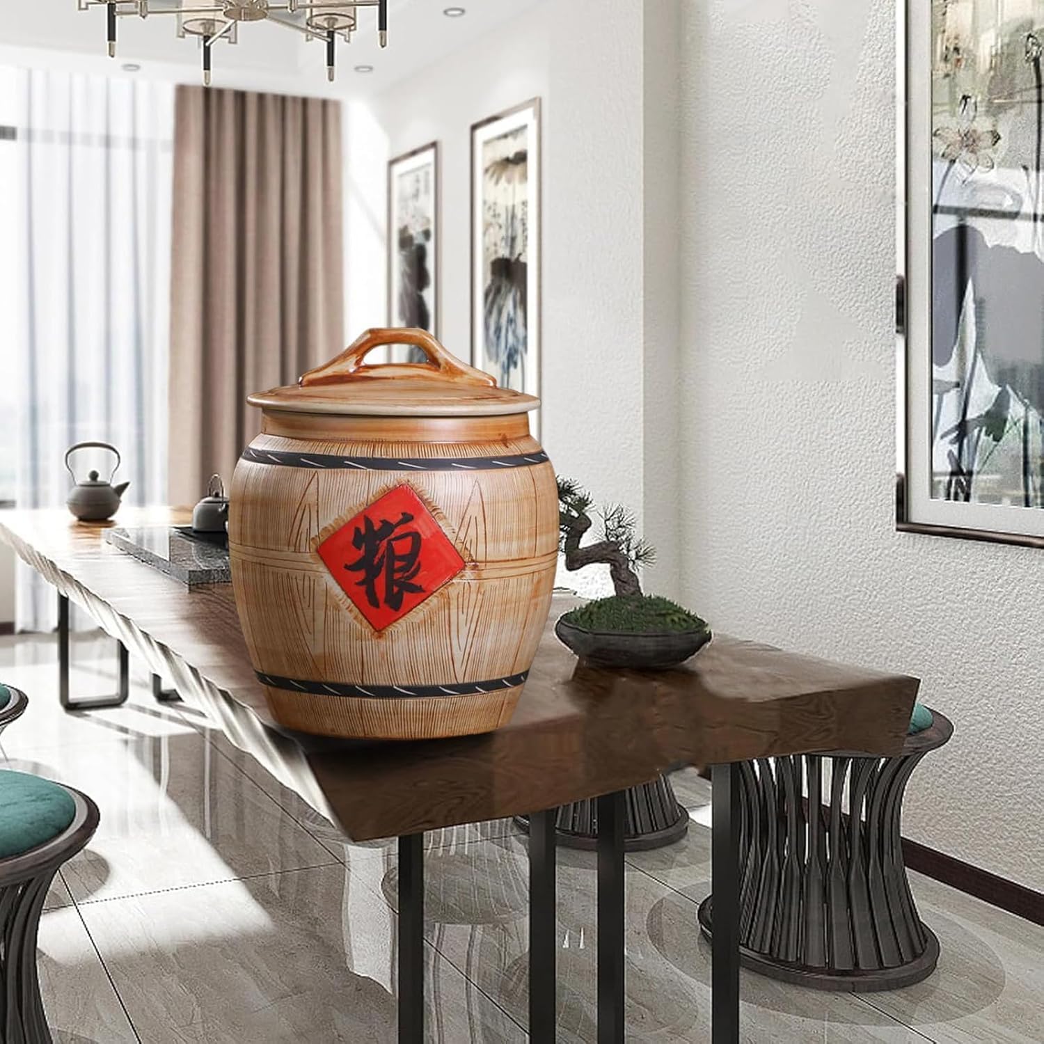 Ceramic Rice Storage Container - Large Capacity Sealed Rice Jar with Lid - Ideal for Rice, Flour, and Food Storage in Kitchen, Durable Ceramic Design