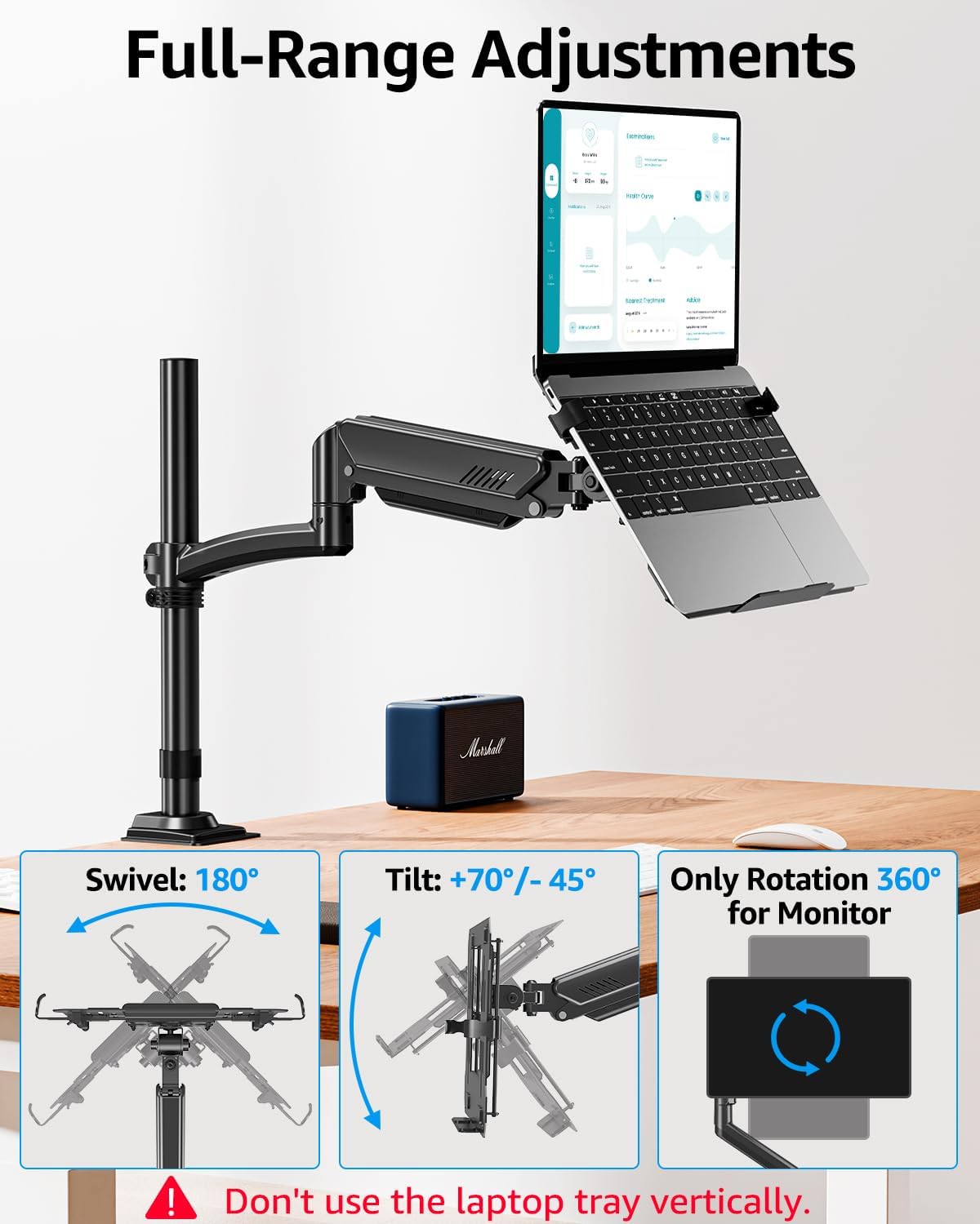 MOUNTUP Laptop Desk Mount, Adjustable Laptop Stand for max 17" Notebook or 32" Monitor, Laptops Arm Mount for Desk Holds 4.4-22lbs, Tall Laptops Stand with Clamp/Grommet - Image 4