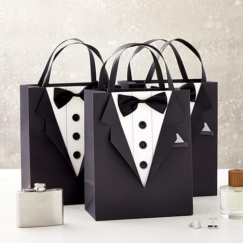 Miniatura 2 de Sparkle and Bash Bolsas de regalo para padrinos de boda con diseño de esmoquin 3D, pajarita de satén y botones reales, color negro, paquete de 6, 8