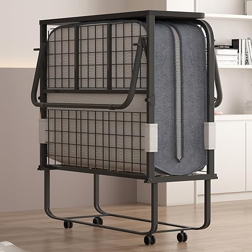 Cama plegable con colchón de 4 pulgadas incluido, cama temporal para invitados y familias, cama plegable que ahorra espacio con rodillos con