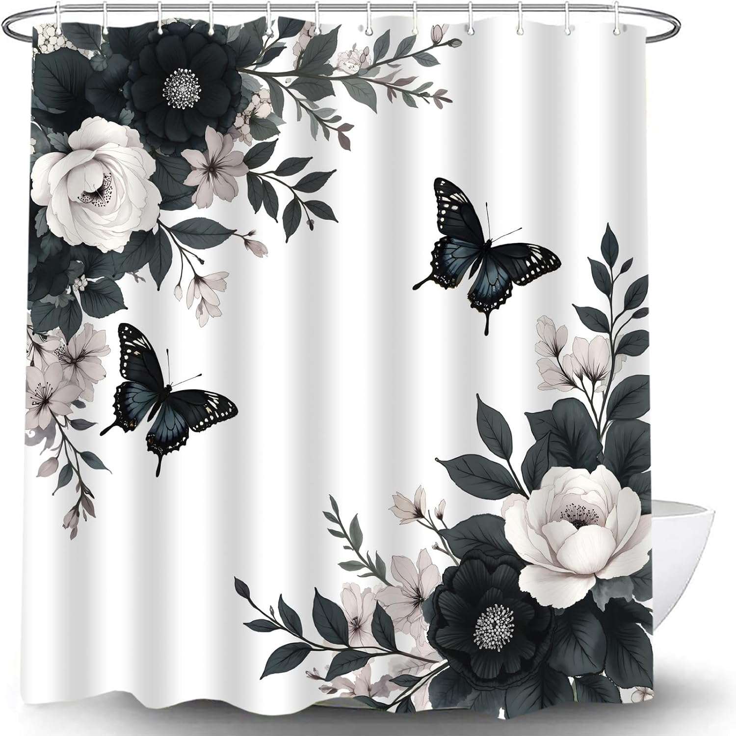 Black Grey Floral Shower Curtain Rustic Dark Flower Butterfly Vintage Botanical Watercolor Leaves Plant Simple Nature Aesthetic Bath Decor Curtain with Hooks, 70x70 Inch