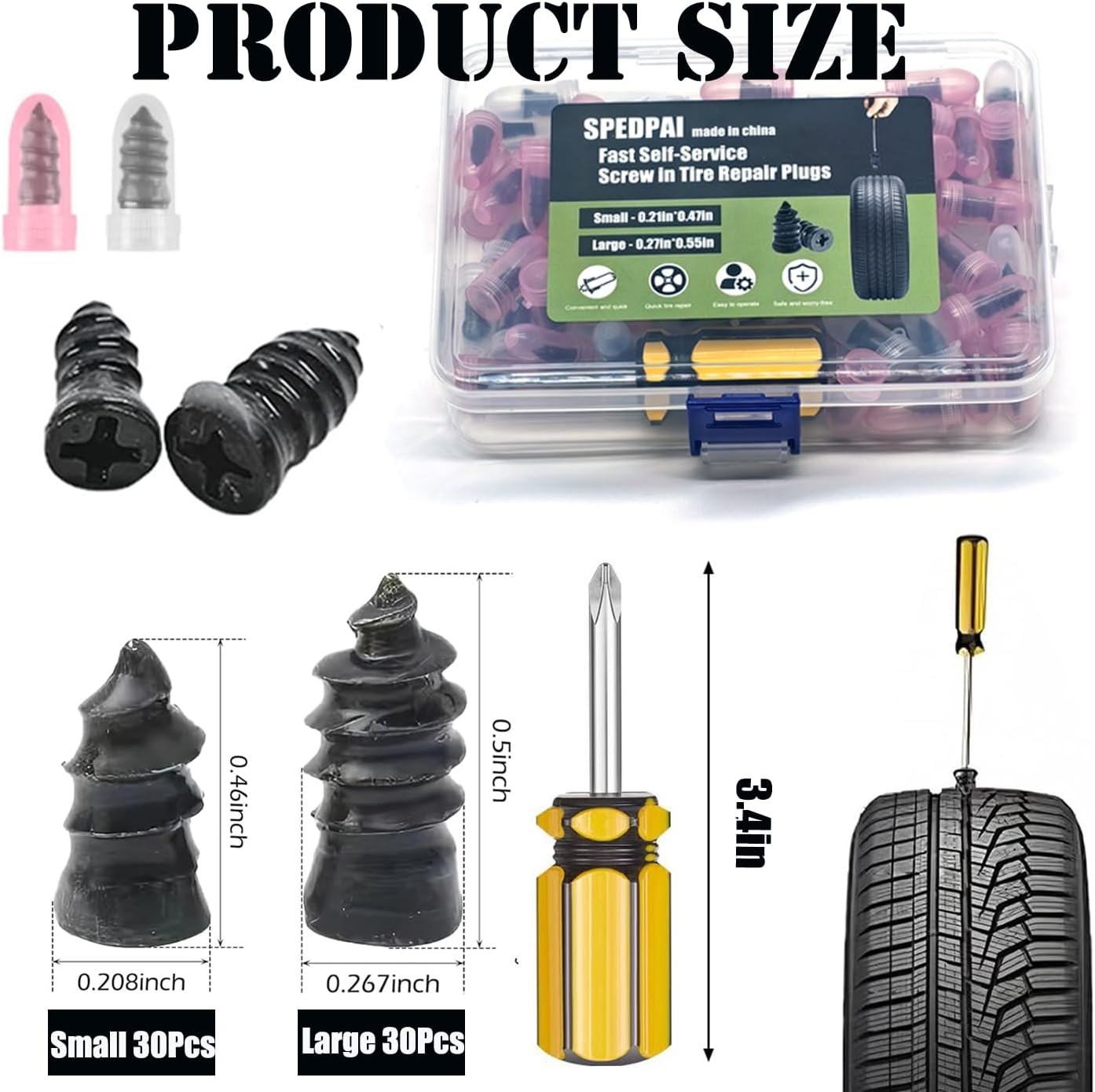 Tire Repair Rubber Nails Kit with 2 Sizes,2026 New Vacuum Tire Plugs Screw Type Fast Tool with Screwdriver,Self-Service Screw in Tire Repair Plugs Tools for Car,Motorcycle,Truck,Bikes (60Pcs)