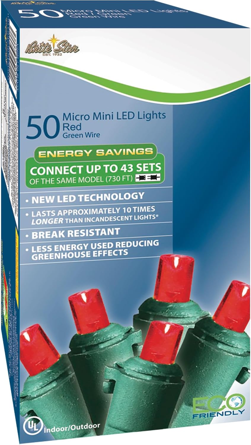 Brite Star 50 Lt Micro Mini LED Lights, Red, Green Wire