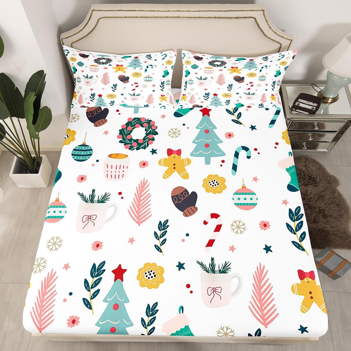 Christmas Decorations Fitted Sheet Christmas Tree Stockings Full Size Bed Sheets, Cute Gingerbread Xmas Snowflake Flowers Leaves Bedding Set