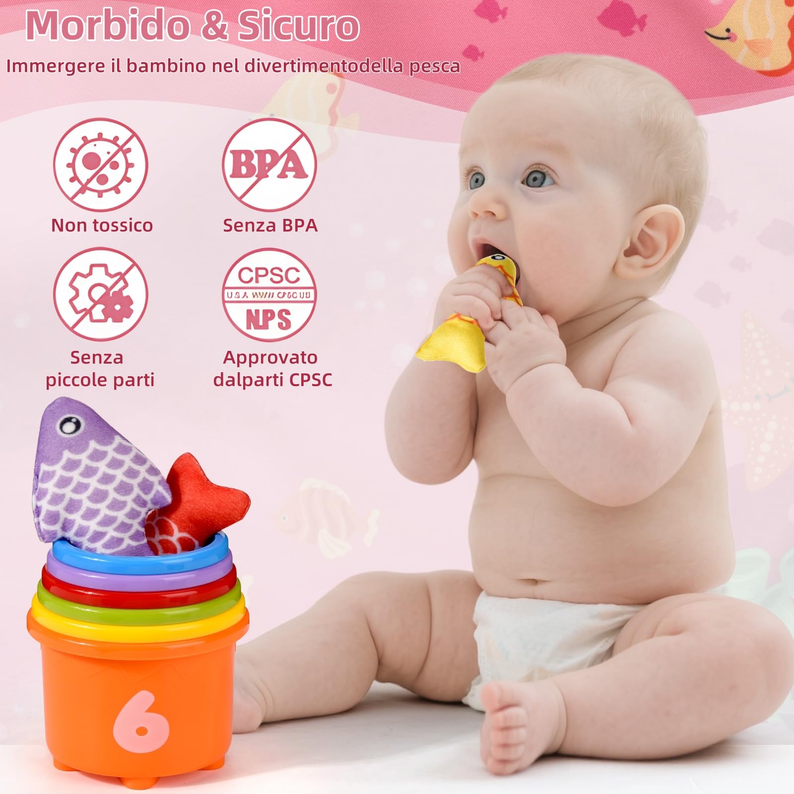 Tokiyis Giochi Montessori 1 Anno - Gioco Pesca Morbidi per Bimbo Bimba con 12 Pesci - Gioco Bambino Colorato Giocattolo Educativo per 6 9 12 18 Mesi - Rosa Regali per Bambini Bambina 1 2 3 Anni