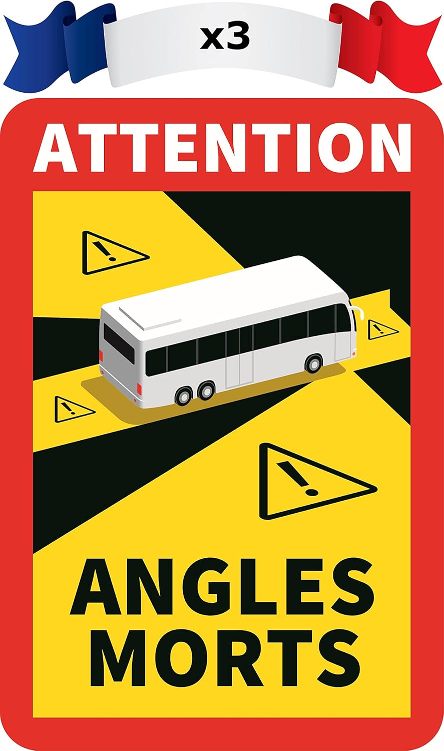 Pack 3 adhesivos señalización Ángulos Muertos/Angles Morts para Autobuses Francia. Vinilos Premium ultra resistentes RAYOS UVA (no se decoloran)