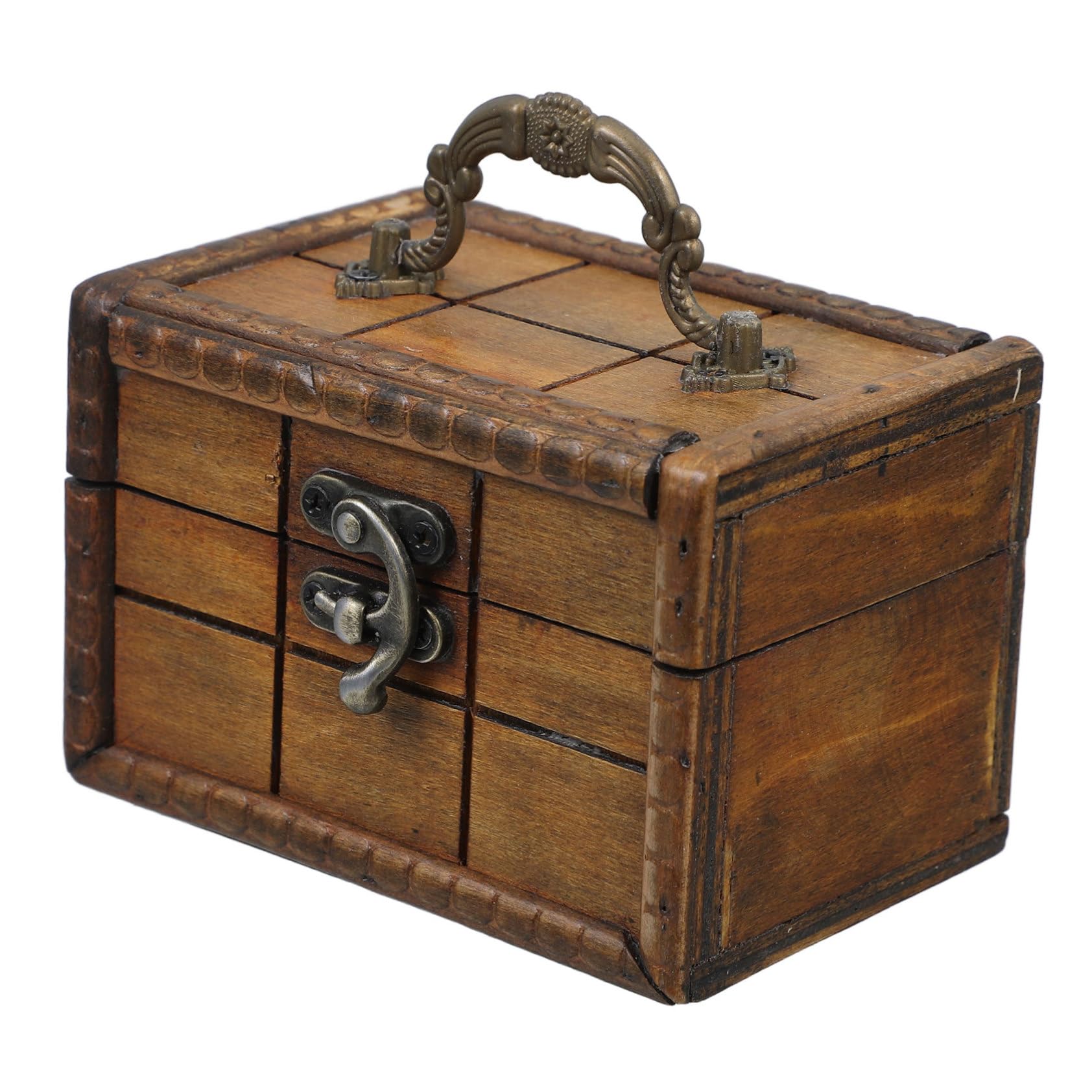 Cofre del tesoro de madera vintage para guardar joyas en caja pequeña con pestillo y asa
