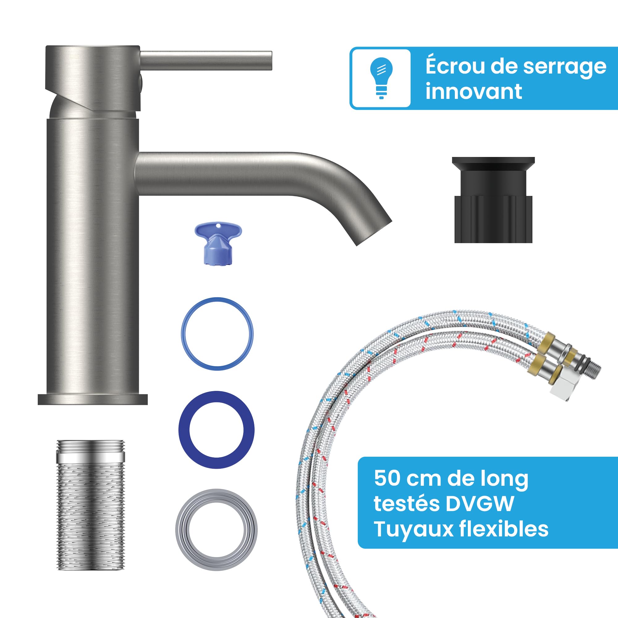 Bächlein Susara Robinet de salle de bain avec bec incurvé, design mitigeur monocommande avec cartouche en céramique durable et kit de montage, robinet de salle de bain en acier inoxydable brossé