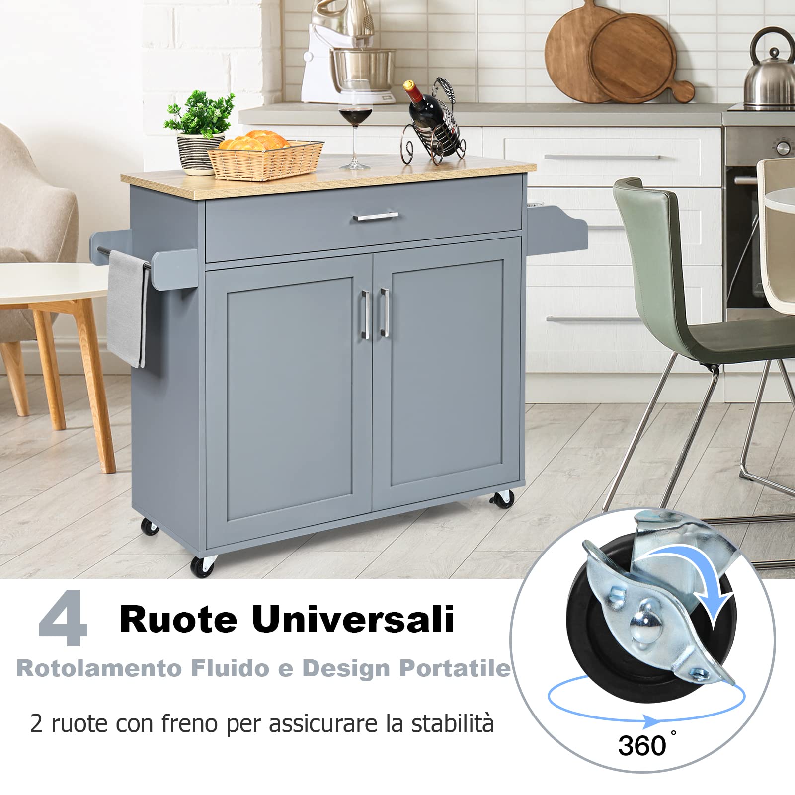 GYMAX Carrello Portata da Cucina, Armadietto a 2 Livelli, Ripiano Interno Regolabile, Credenze Mobili con Ruote, Ante Doppio, Cassetto, Portaposate, Portasciugamani, 116x40x85 cm, 5 Colori