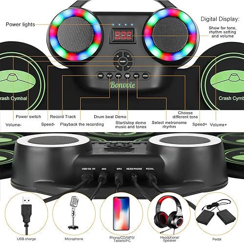 Miniatura 4 de Kit de batería electrónica, batería digital enrollable portátil con 9 almohadillas, MIDI, DTC, altavoces duales integrados, batería recargable de