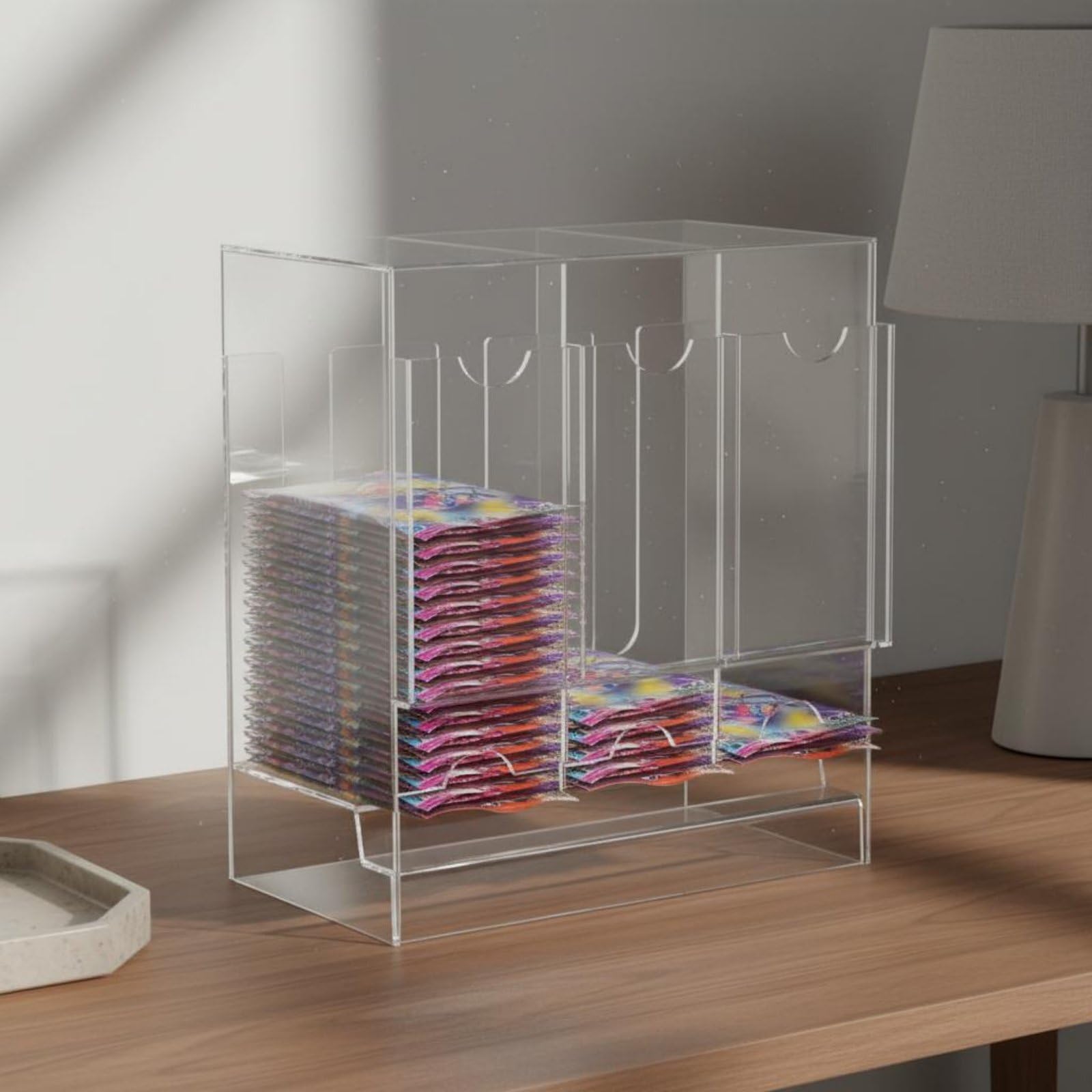 Organizador Cartas Acrílico Compartimentos Interiores Expositor Cartas Coleccionables Apilable Almacenaje para Escritorio , Organizador De Tres Compartimentos
