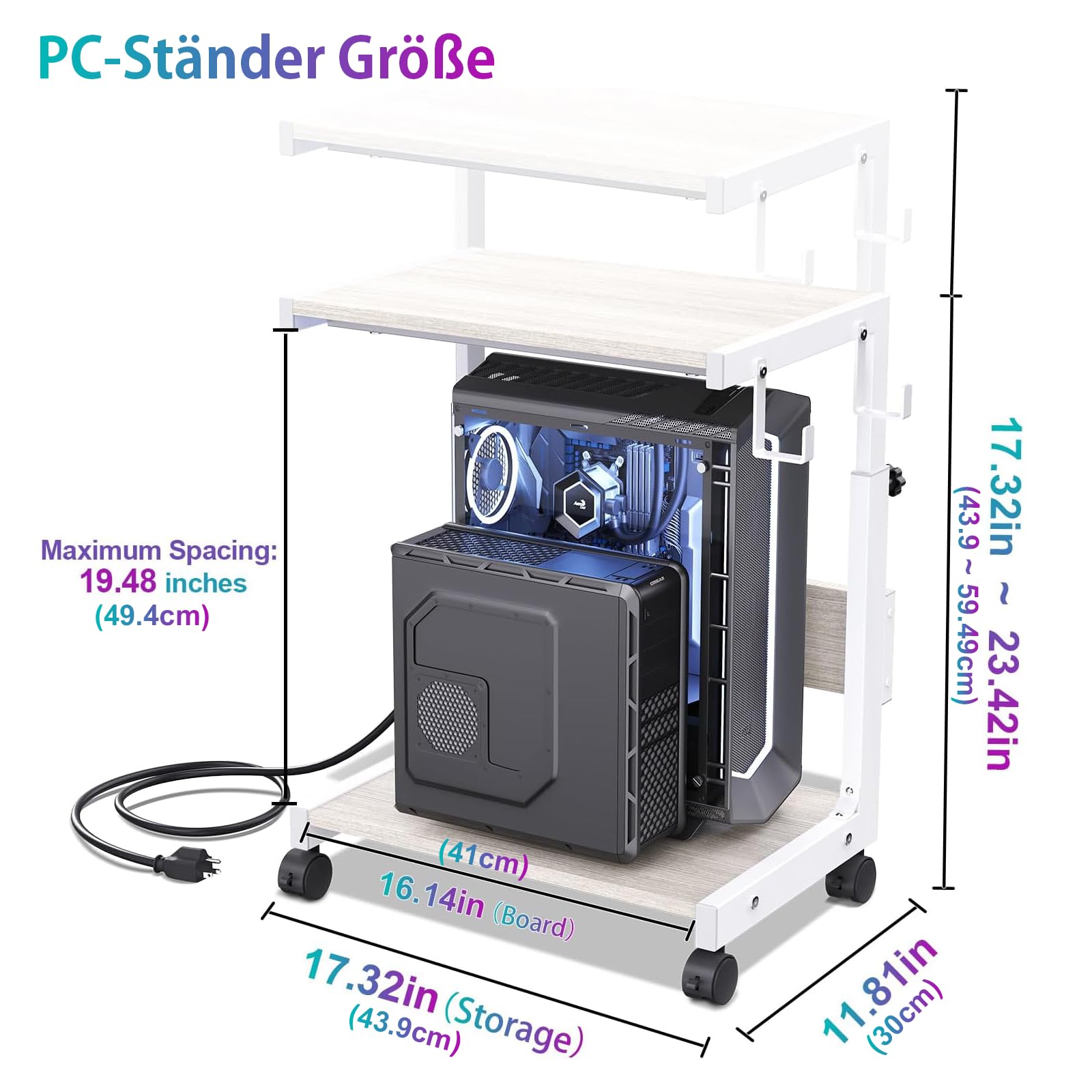 Höhenverstellbarer PC Ständer mit Rollen, 2 Haken, 2-stufig