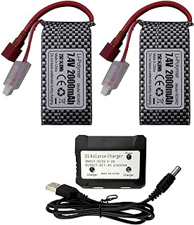 PUOO Accessory 2PCS 7.4V 2000mAh T-Plug Lithium Battery With 2-IN-1 Charger For 9200 HB101 9200E 200E 9202E 9203E 9204E 9205E 9206E 2995 YC300 HM101 25-DJ02 9125 S920 WLtoys RC Car Remote Control Boat