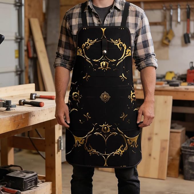 Delantal de trabajo negro y dorado con bolsillos ajustable miniatura 5