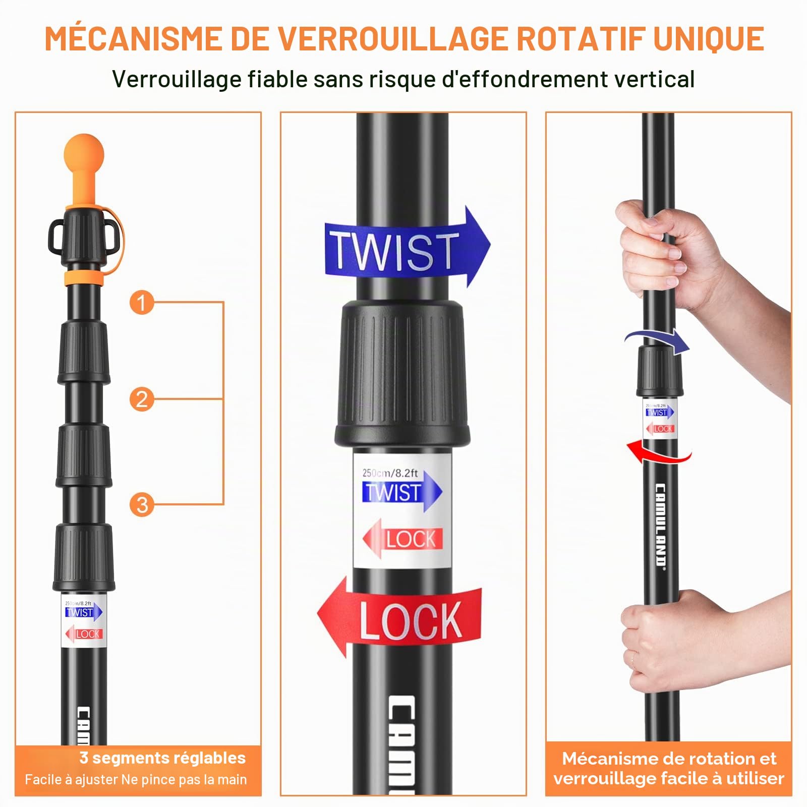 CAMULAND Barres de bâche, Poteaux de Tente Robustes Poteaux de Tente en Aluminium avec Fond Conique antidérapant, Poteaux de Tente télescopiques ajustablespour Camping, randonnée, hamac