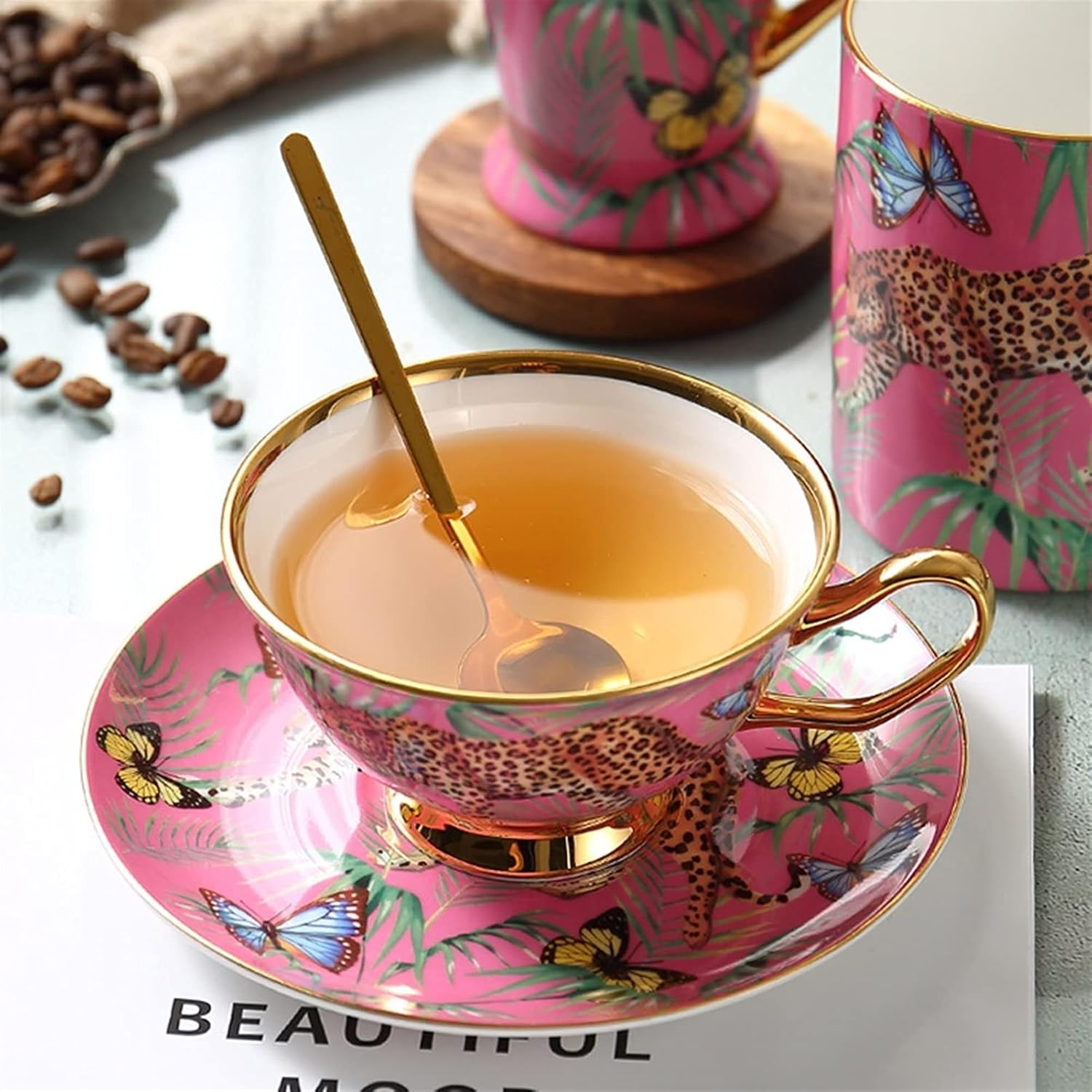 Simple Porcelain Leopard Coffee Mug and Saucer Set, 6.76oz/200ml Cute Unbreakable Espresso Cups Cappuccino Warmer Mugs with Handle Smoothie Cups Teacups Breakfast Pineapple Tea Cup Party Cups Dec