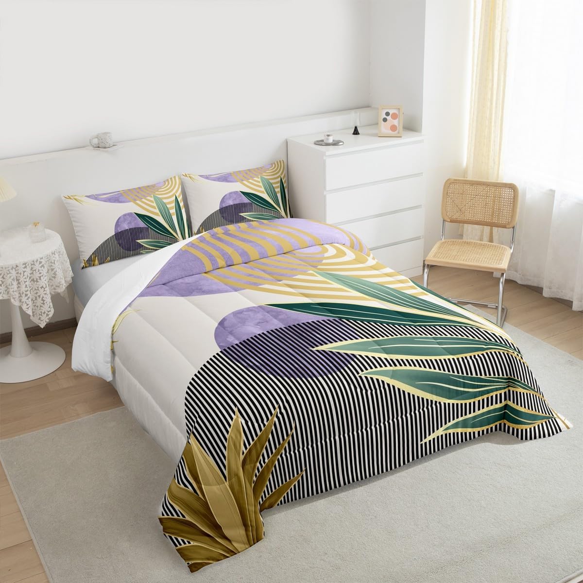 Erosebridal Mid Century Bedding Set Full Size Abstract Bohemian Aesthetic Comforter Set,Minimalist Modern Boho Bedding Comforter Sets Vintage Geometric Circle Line Quilt,Purple Gold