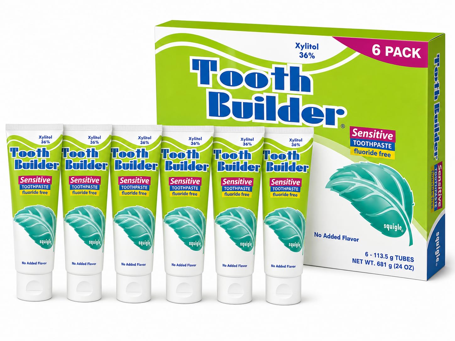Squigle Tooth Builder Sensitive Toothpaste - 36% Natural Xylitol, SLS Free, Fluoride Free, Canker Sore Treatment. Prevents Bad Breath, Perioral Dermatitis, Chapped Lips. Soothes Dry Mouth - (6 Pack)