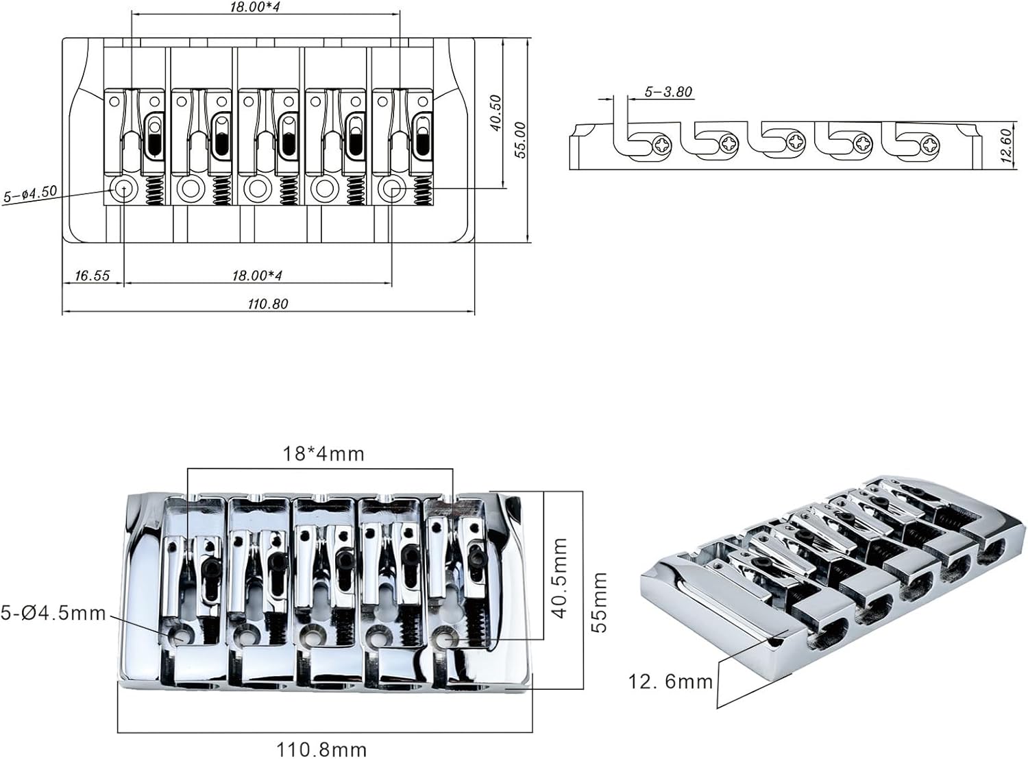 Brass Electric Bass Bridge 5 String Bass Hardtail Bridge 18mm String Spacing Two Stringing Methods Compatible with 5-string Electric Bass Replacement Parts Chrome