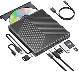 ROOFULL Unidade externa de CD DVD 8 em 1 USB 3.0 Slim CD/DVD Player com 4 portas USB e 2 leitores de cartão SD/TF, adaptador de unidade de disco portátil de CD/DVD-ROM +/-RW para laptop, PC, Windows