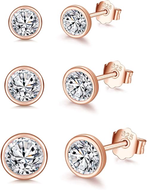 Shuxin Silver Stud Earrings for Women, 3 Pairs 925 Sterling Silver Cubic Zirconia Stud Earrings Set, Small Sleeper Cartilage Tragus Studs Earring, Silver Gold Tiny Round Stud Earrings, Size: 4, 5, 6mm