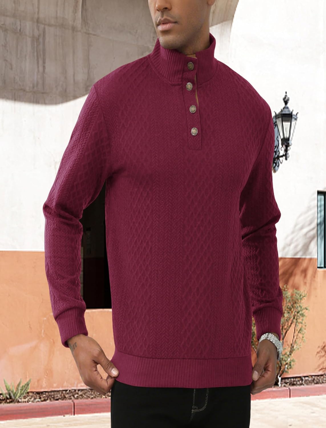 Lexiart Mens Casual Knitted Pullover Sweater Long Sleeve Stand Collar Vintage Button Sweaters with Elbow Patches - Image 4