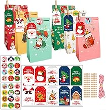 Lot de 24 sacs à bonbons de Noël avec calendrier de l'Avent, sacs à dragées avec autocollants numériques, pinces en bois, corde de chanvre et cintres décoratifs pour une utilisation saisonnière (D)