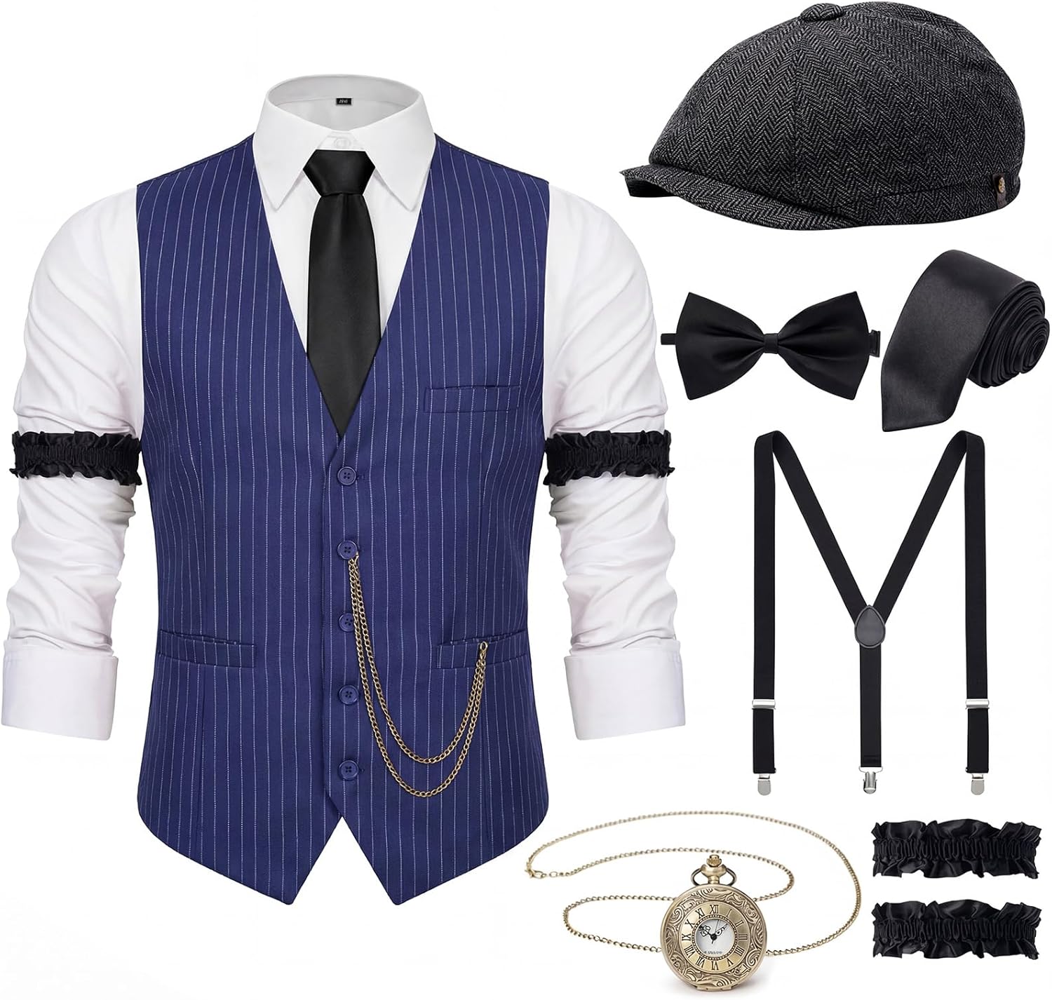 YESSA 1920s Mens Costume,Roaring 20s Costumes for Men,Gatsby Costume Men,1920s Mens Outfit Hat Vest Pocket Watch Tie