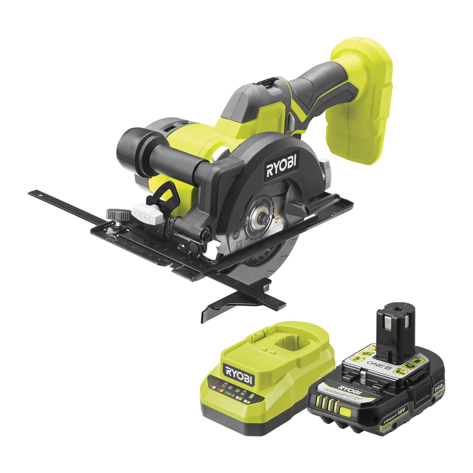 Ryobi Sega Circolare Compatta a Batteria 18V ONE+, Kit con Batteria 2.0Ah e Caricatore, Lama 115 mm, Profondità Taglio 43 mm, 5200 giri/min, R18CS115-1C20GP