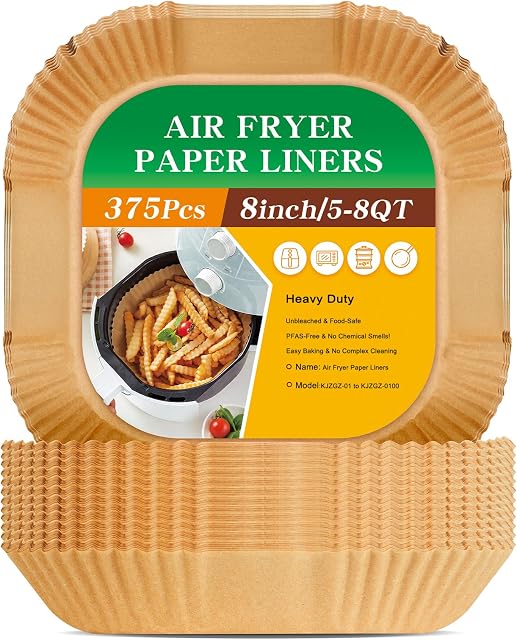 375Pcs Air Liners de papier Fryer, 8" Carré Air Fryer Liners Jetable, papier de parchemin lourd pour 5-8 qt Airfrier, non-brillant & Liners en papier non-levés pour poêle à four, pièces de friteuse profonde & Accessoires