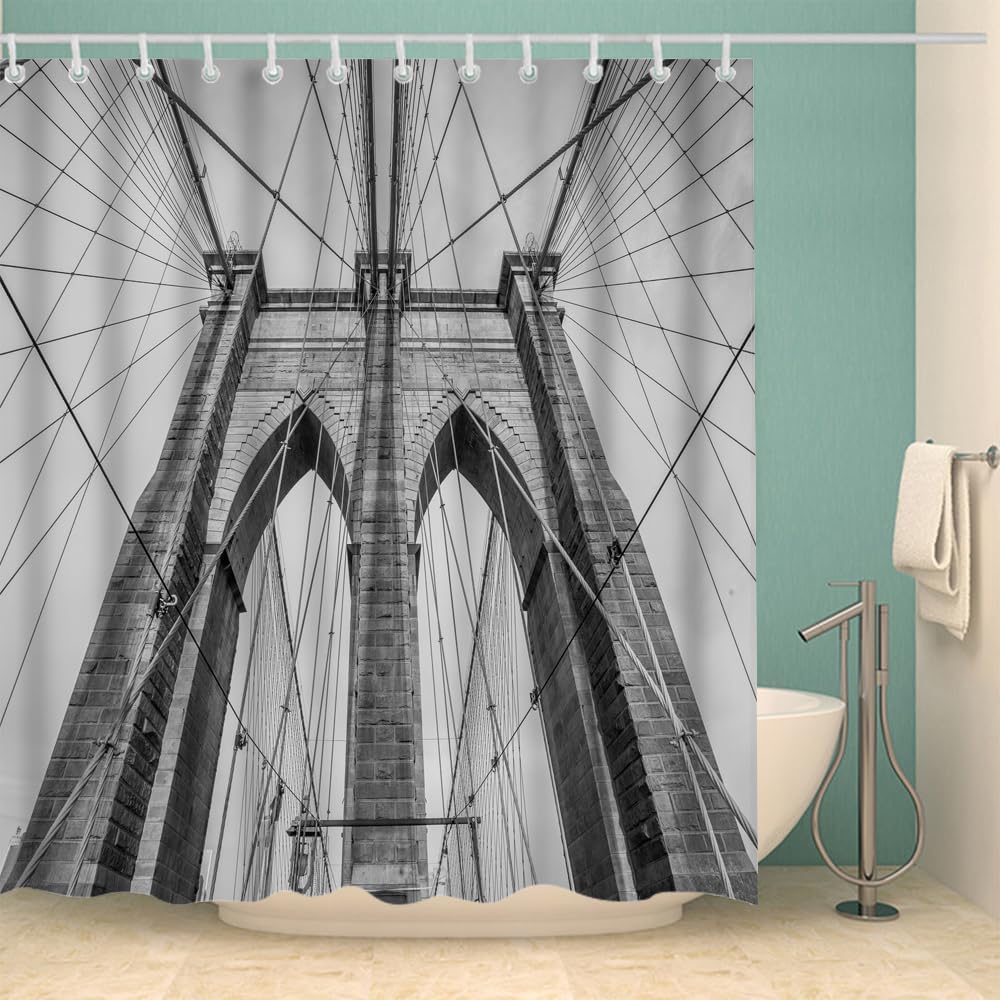 Brooklyn Bridge Shower Curtain Black and White Architecture Shower Curtain with Hooks Bathroom Decorative Accessories 72 x 72 inch