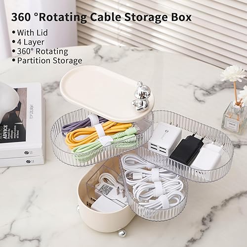 Miniatura 6 de FABROK Organizador de cables giratorio con 10 bridas para cables, organizador de cables de plástico con 4 capas, funda de accesorios electrónicos