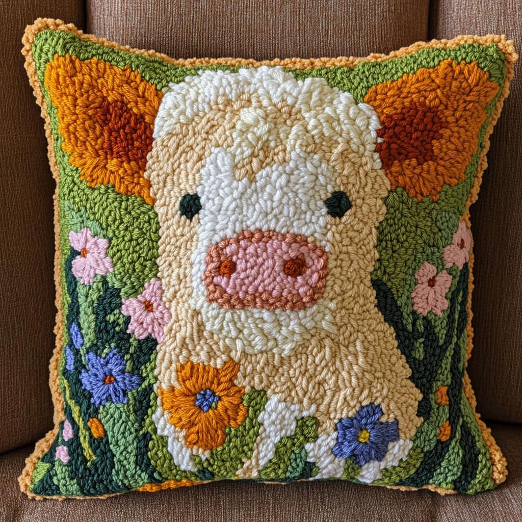 DIY Punch Needle Pillow Kit Cute Highland Cow and Wild Flowers with Pattern and Hoop Handmade Embroidery Punch Needle Starter Pillowcase Set for Home Sofa Decor 43x43cm-1-15