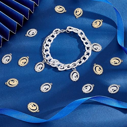 Miniatura 5 de 16 dijes de acero inoxidable de 2 colores, 0.689 x 0.531 in, ovalados con colgantes, dijes de medalla italiana, colgante para fabricación de joyas o