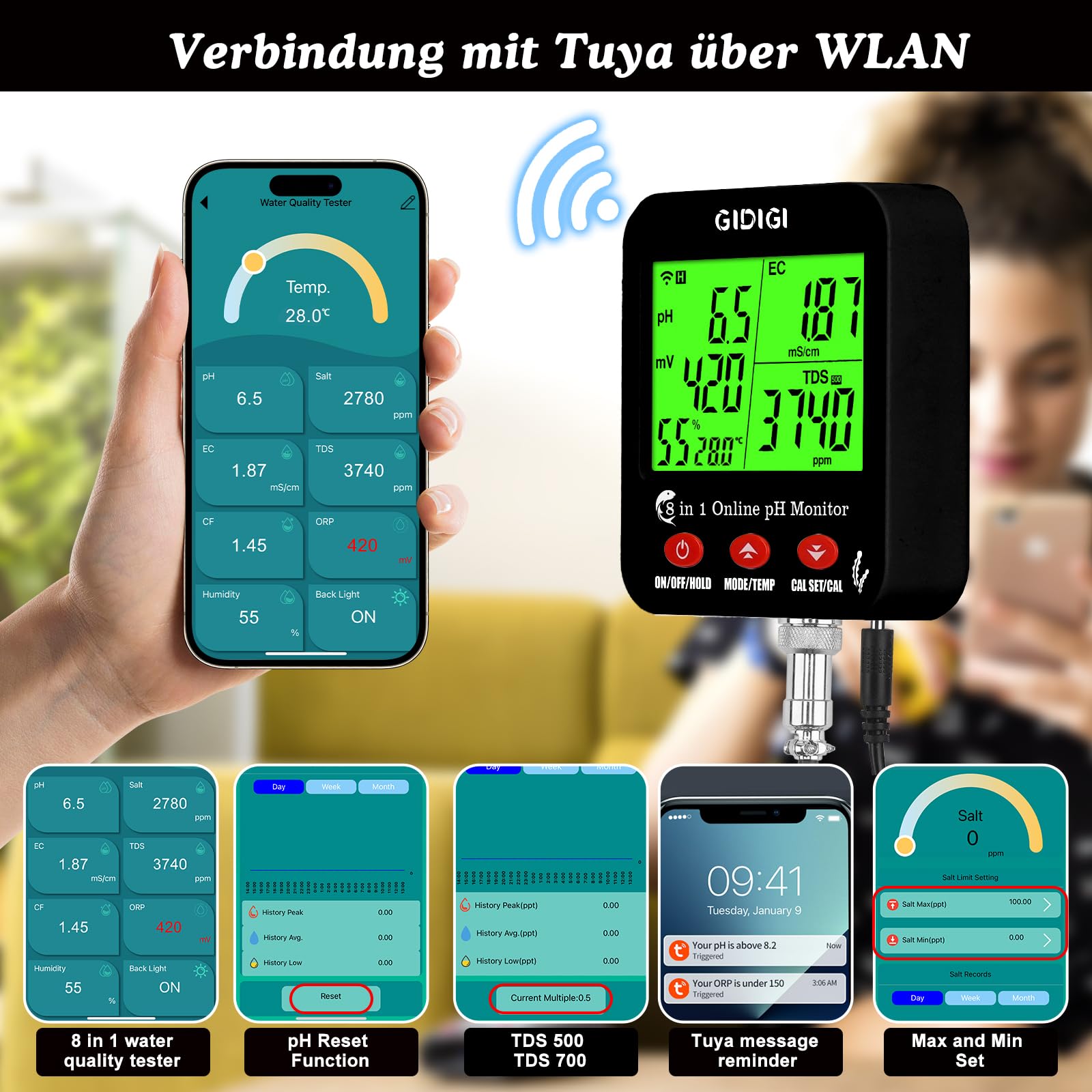 pH ppm WiFi-Monitor, intelligenter 8-in-1 Wasserqualitätstest, hydroponischer pH EC-Messer, pH TDS EC Salz ORP-Tester mit Kalibrierlösungs-Kit, Salzgehalt-Tester für Aquarien