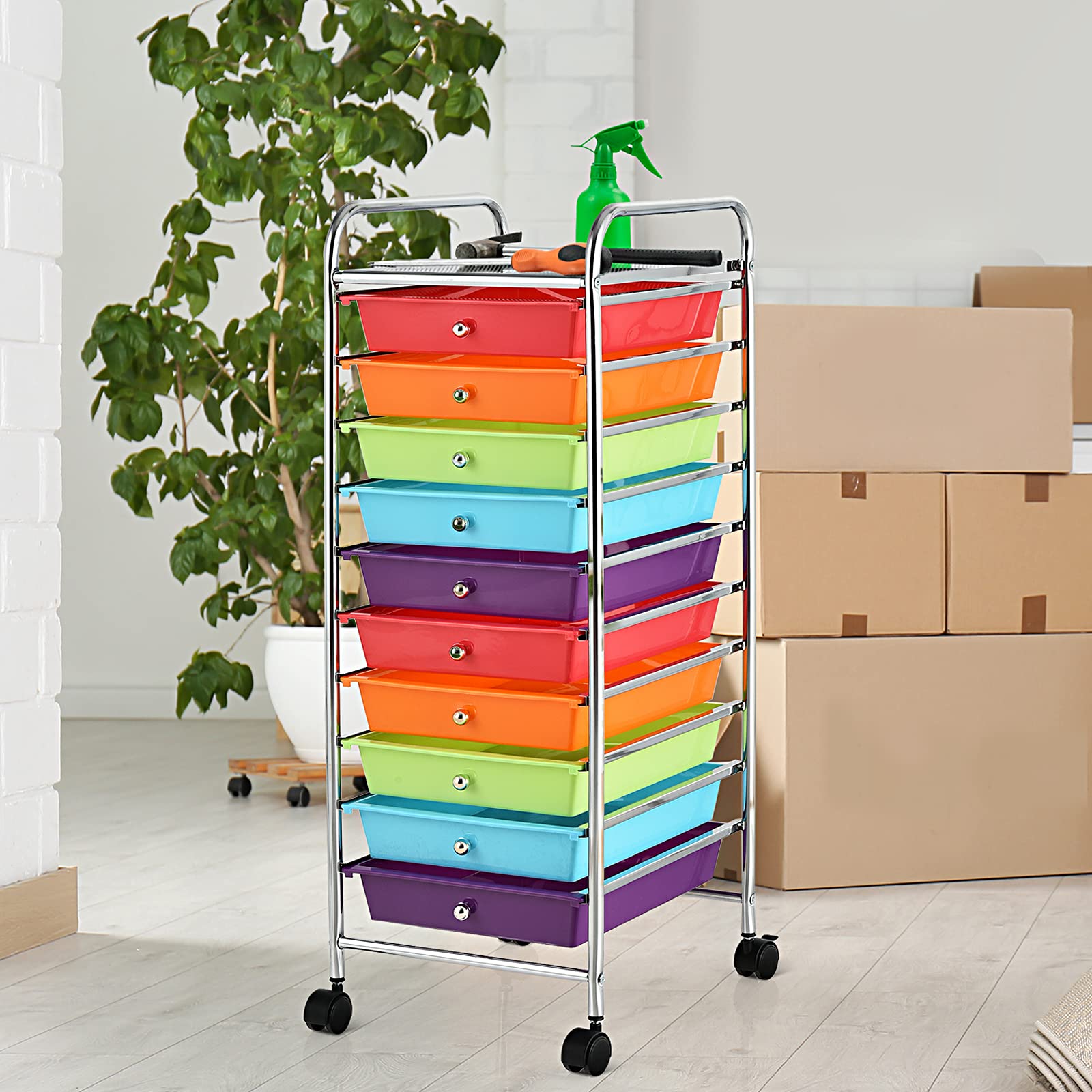 DREAMADE Rollwagen mit Schublade 10 Fächern, Haushaltswagen Badtrolley Küchenwagen auf Rollen, Rollschrank Rollcontainer für Küche Büro Badzimmer, Metallgestell & PP (Farbig-2)