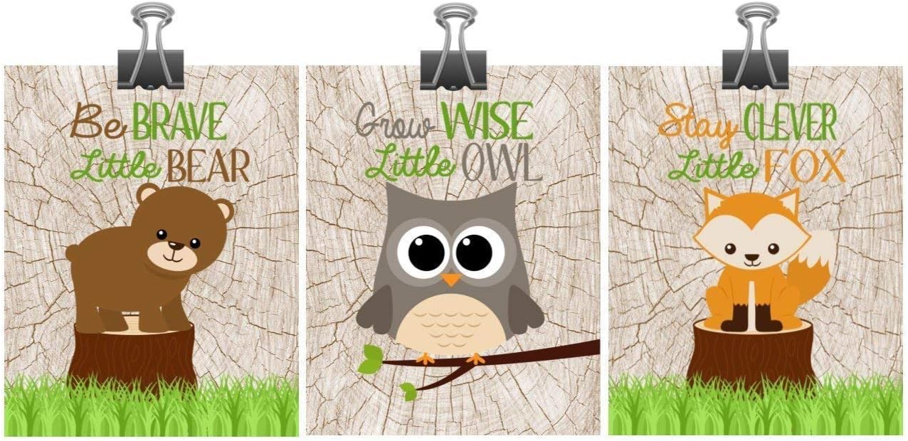 Set of 3 Woodland Nursery Wall Art - Fox Owl Bear - Stay Clever Little Fox, Grow Wise Little Owl, Be Brave Little Bear