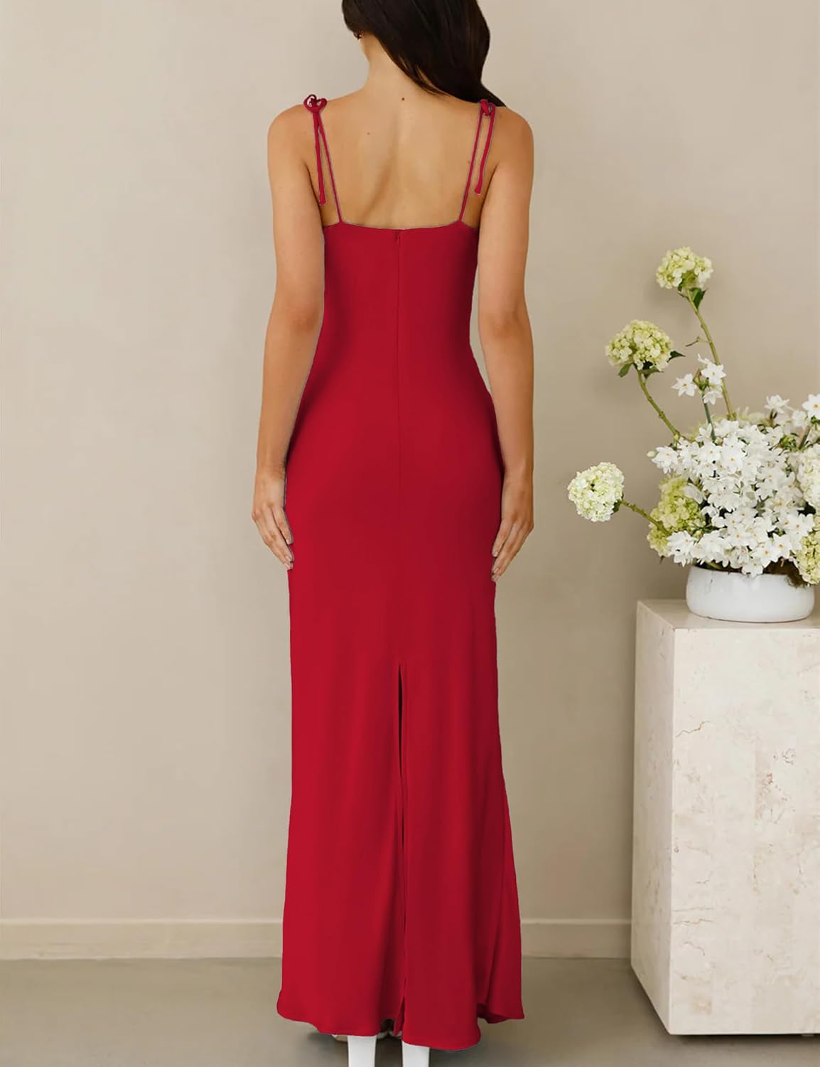 2026 Satin Cowl Neck Spaghetti Strap Slip Maxi Dress for Women Tie Strap Formal Wedding Guest Dresses with Slit - Image 3