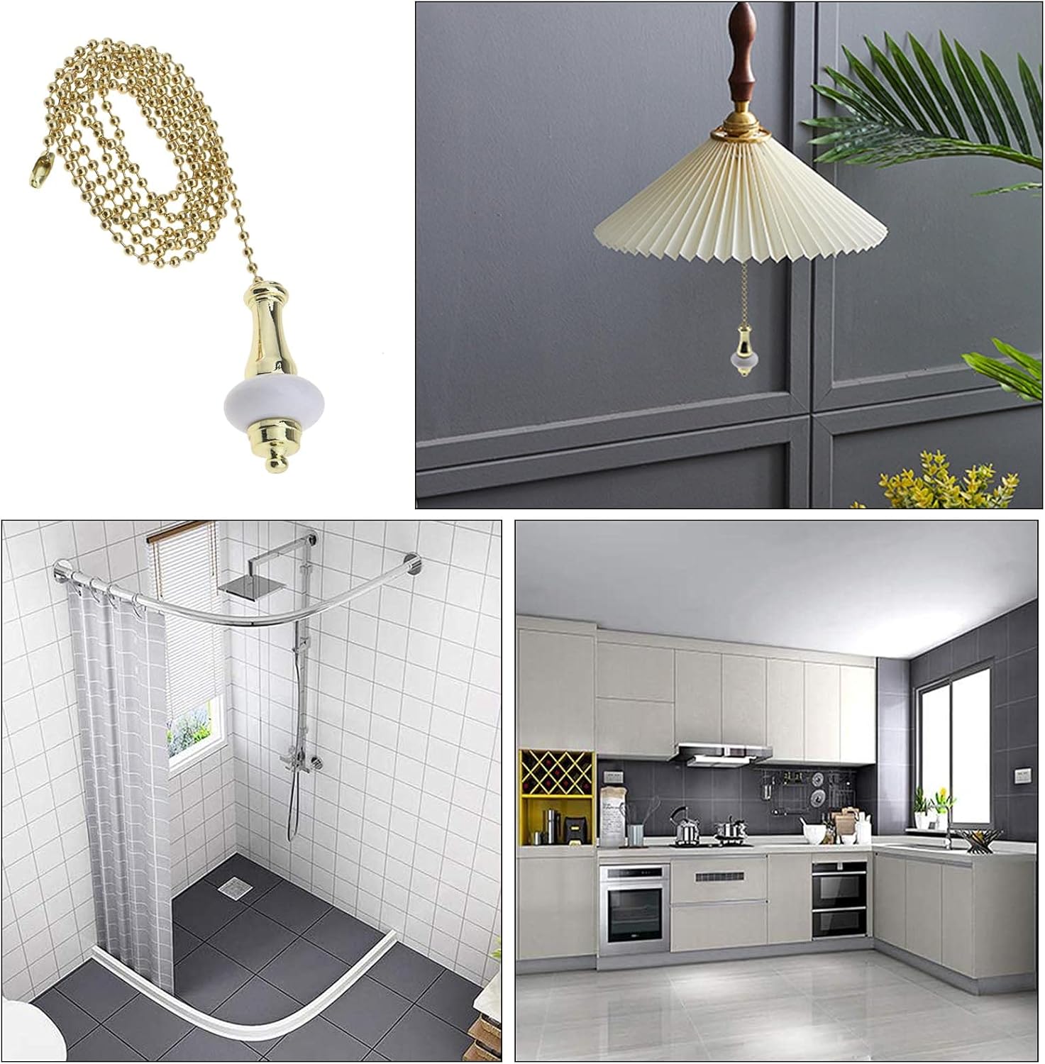 Create idea 2pcs Ceiling Light Fan Switch Pull Cord Weight Handle Chain Extension Beaded Stainless Steel Ceramic Gold 1m