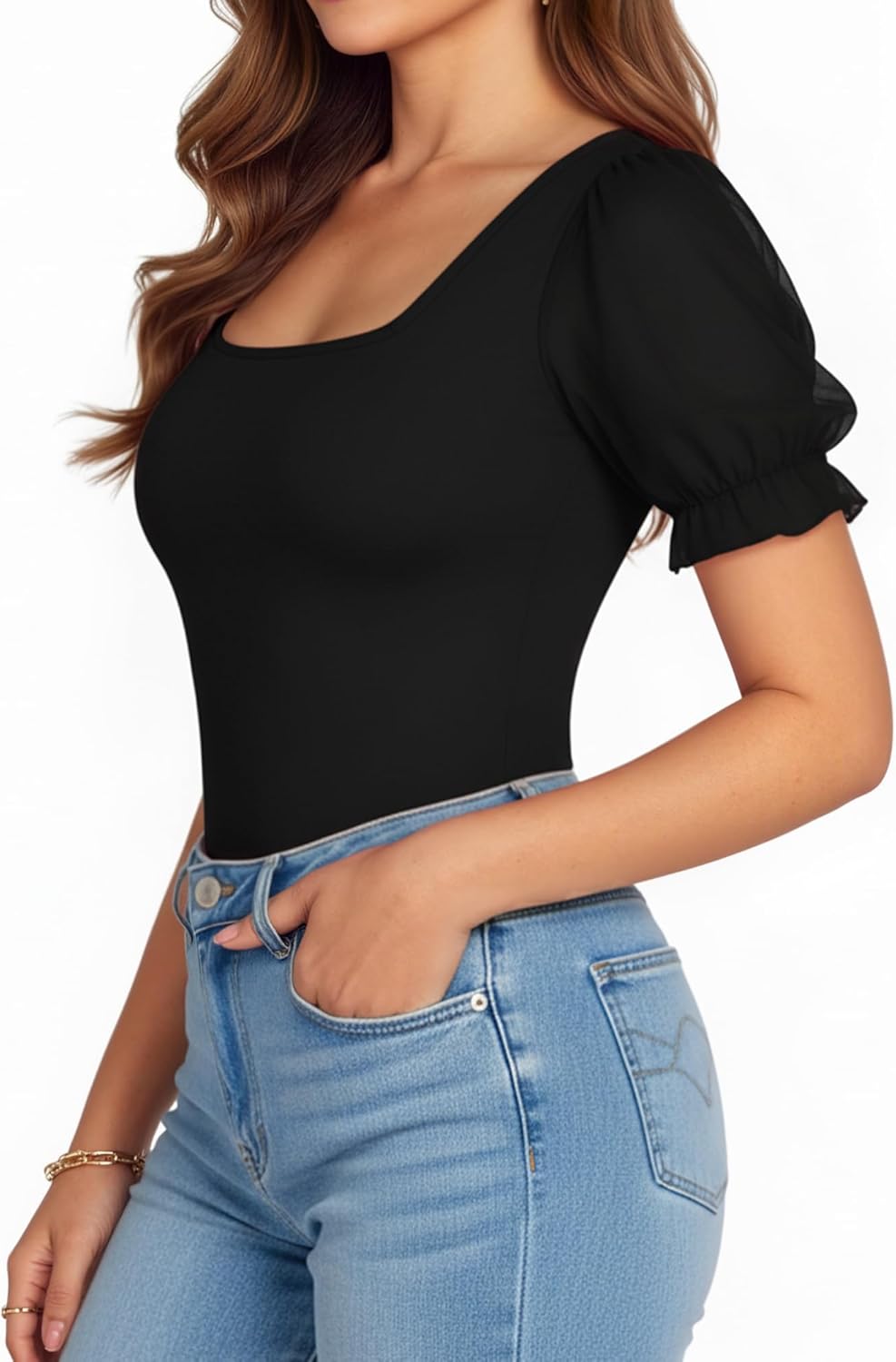 MANGOPOP Square Neck Long Sleeve Short Sleeve Bodysuit for Women Mesh Ruffle Sleeves Going Out Tops - Image 3