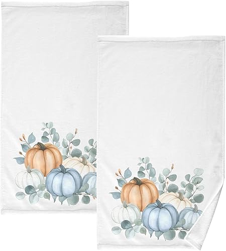 Juego de 2 toallas de mano para baño, 100 % algodón, calabazas, color azul, otoño, absorbentes, suaves, 16 x 28 pulgadas, decorativas
