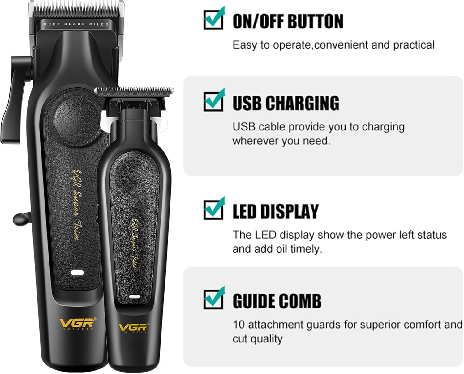 VGR Professional Hair Clippers for Men - Cordless Barber Clippers & Zero Gapped Trimmer Set, 7000RPM High Power Hair Cutting Kit with Ceramic Blade, USB-C Rechargeable Grooming Tools for Fade V197&995 - Image 2