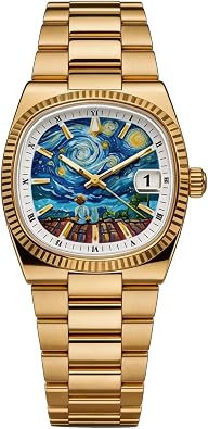 CILOA Starry Night Art Mens Watch, Gold Stainless Steel Waterproof Luxury Mens Watch, Watch Fashion Casual Watches for Men