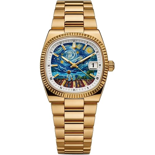 CILOA Starry Night Art Men's Watch, Gold Stainless Steel Waterproof Luxury Men's Watch, Watch Fashion Casual Watches for Men