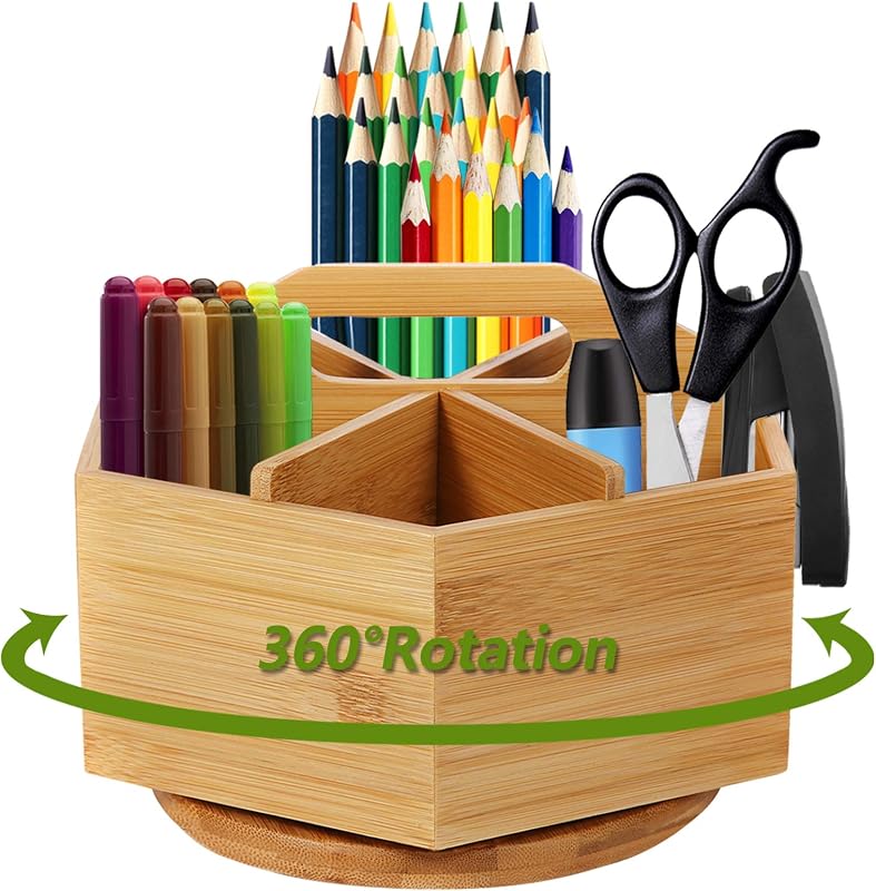 Bamboo Art Supply Organizer, Rotating Pencil Pen Holder, Office Supplies Desktop Storage Caddy, Like Colored Pencils, Pen, Markers, Paint Brushes