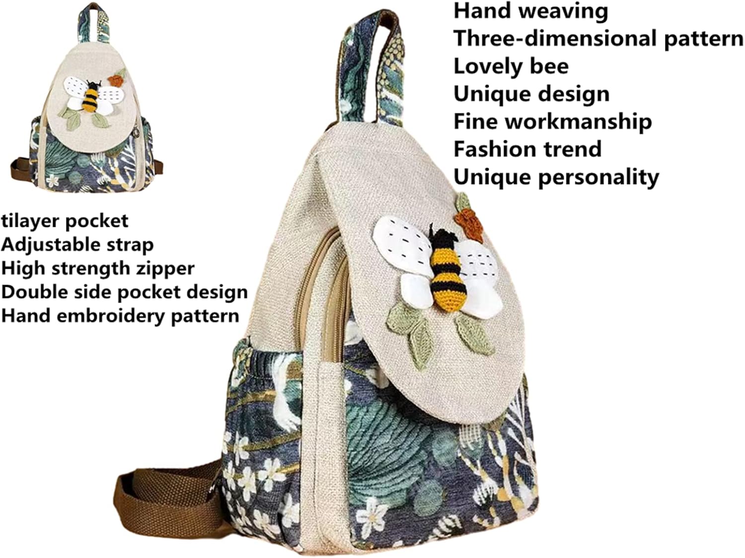 HUANGGUOSHU Boho and Bohemian Small Canvas Backpack Purse for Women - Adjustable Carry Sling Bag, Embroidered and Woven Tapestry Patterns Bee - Image 6